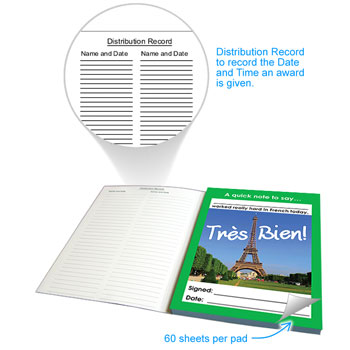 French Reward Notepad: Trs Bien! (Eiffel Tower Photo)